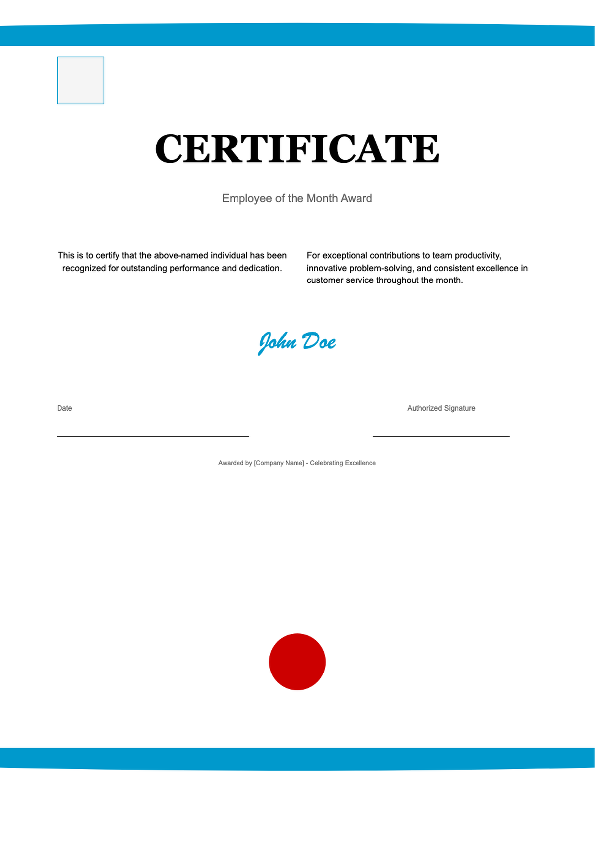Professional employee of the month certificate with blue accents and red seal_variant_1